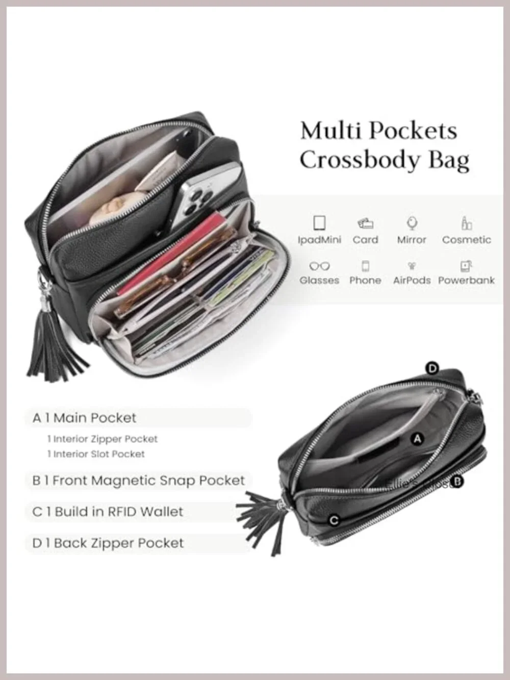 Genuine Leather Crossbody Bag with RFID Wallet Tassel Travel Purse